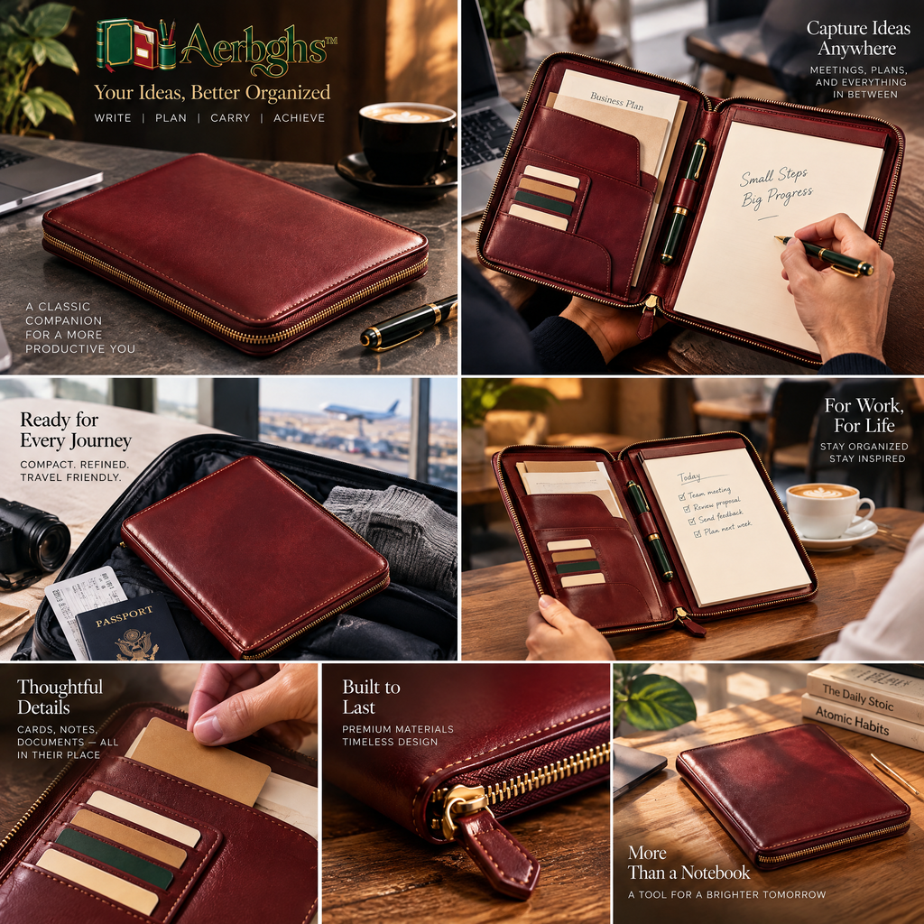 Aerbghs™ Zippered Leather Portfolio for Documents, Notes & Meetings