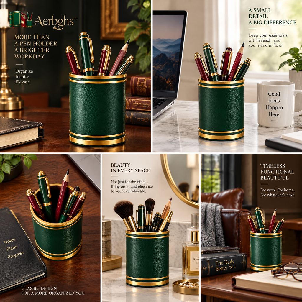 Aerbghs™ Vintage Leather-Wrapped Pen Cup with Gold-Tone Trim