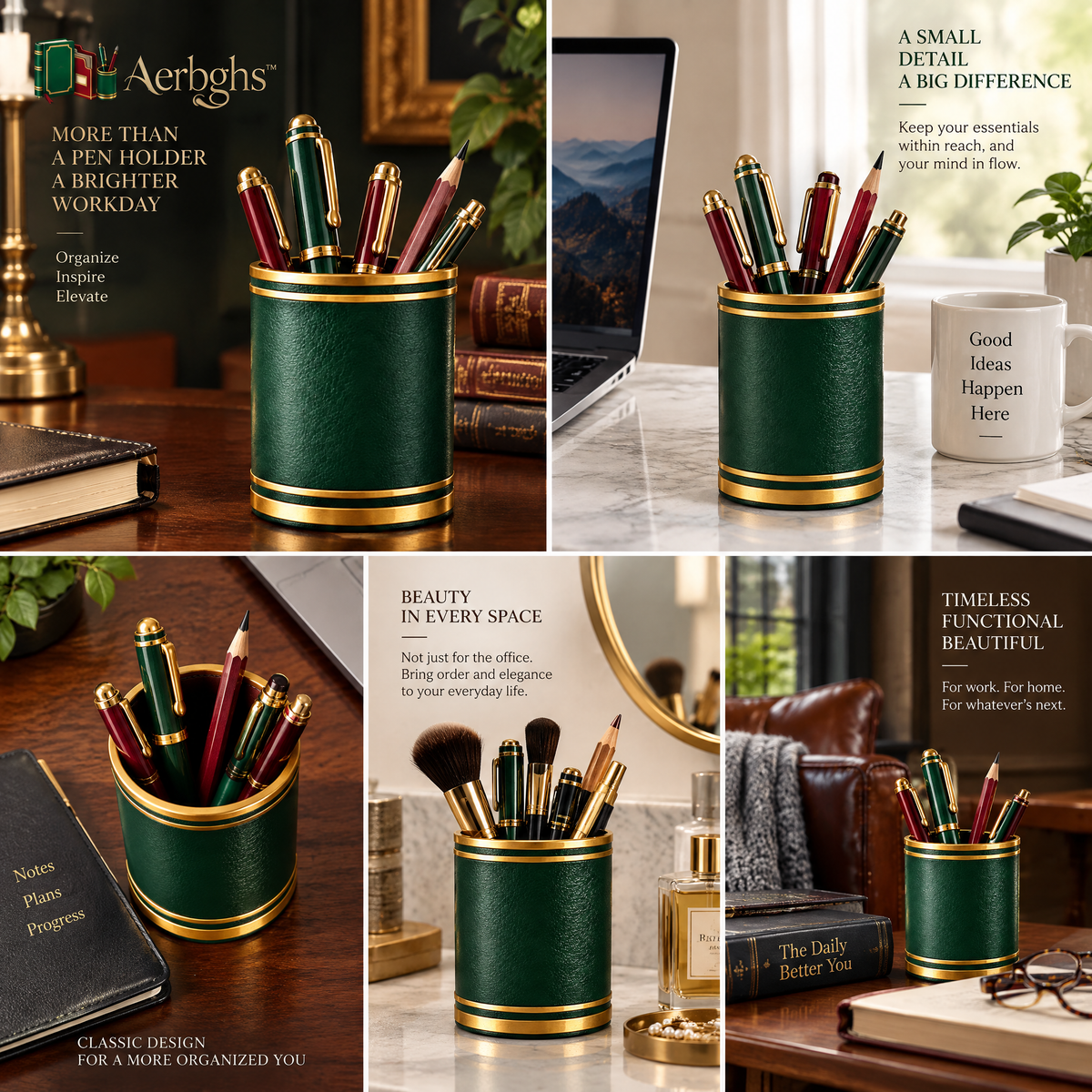 Aerbghs™ Vintage Leather-Wrapped Pen Cup with Gold-Tone Trim