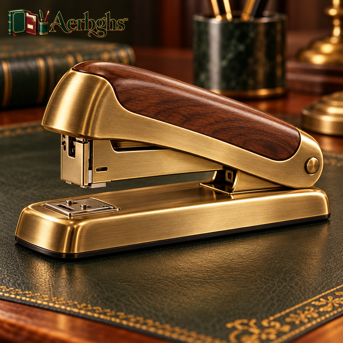 Aerbghs™ Antique Brass Desktop Stapler with Walnut-Style Handle