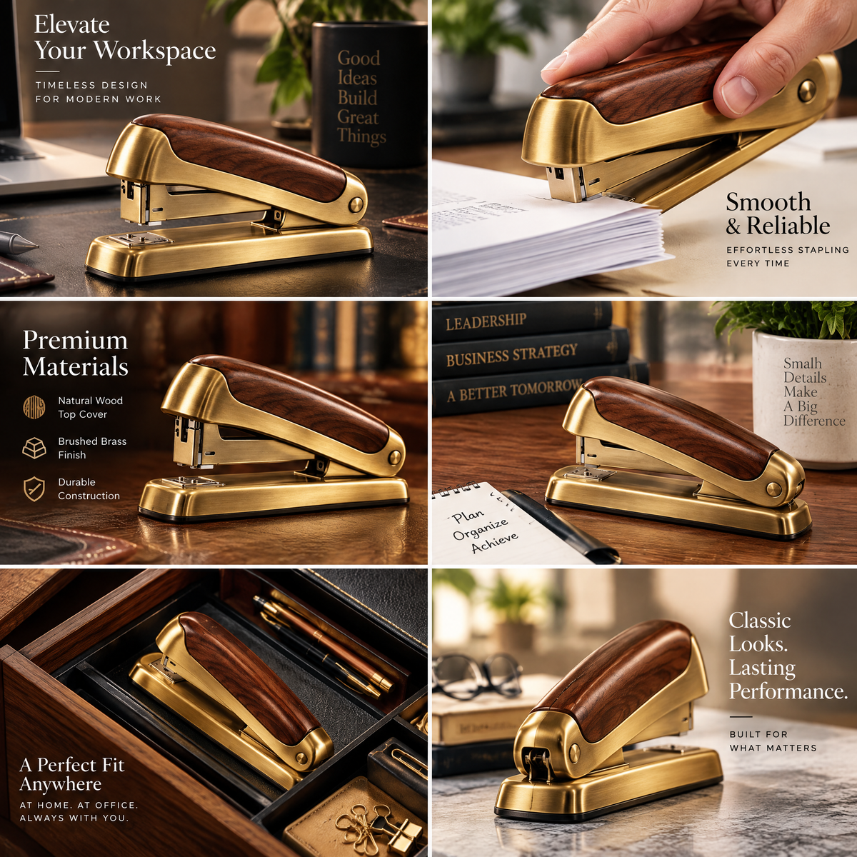 Aerbghs™ Antique Brass Desktop Stapler with Walnut-Style Handle
