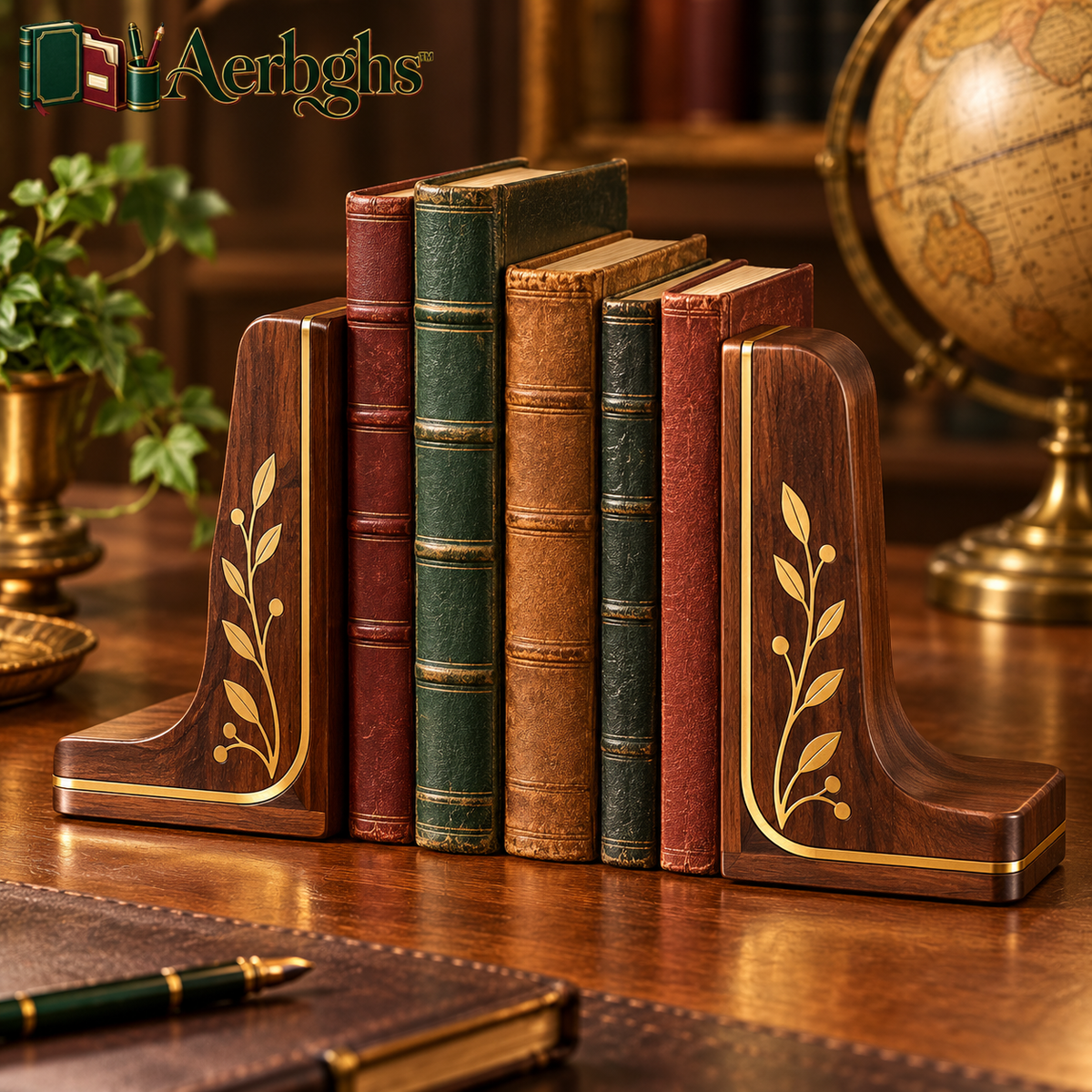 Aerbghs™ Walnut Bookend Pair with Botanical Brass Inlay