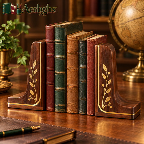 Aerbghs™ Walnut Bookend Pair with Botanical Brass Inlay