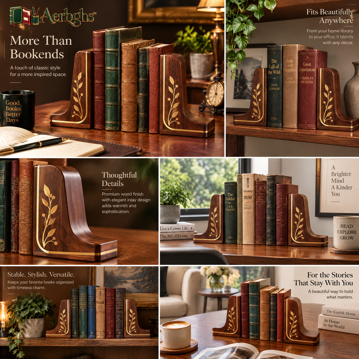 Aerbghs™ Walnut Bookend Pair with Botanical Brass Inlay