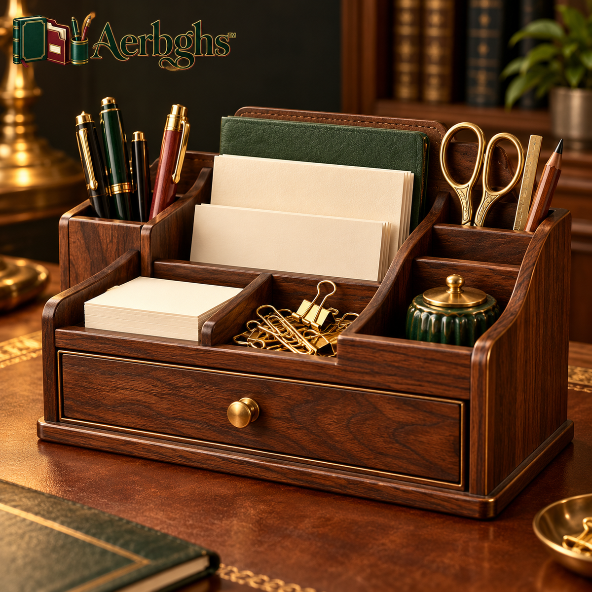 Aerbghs™ Multi-Compartment Walnut Desktop Organizer with Drawer