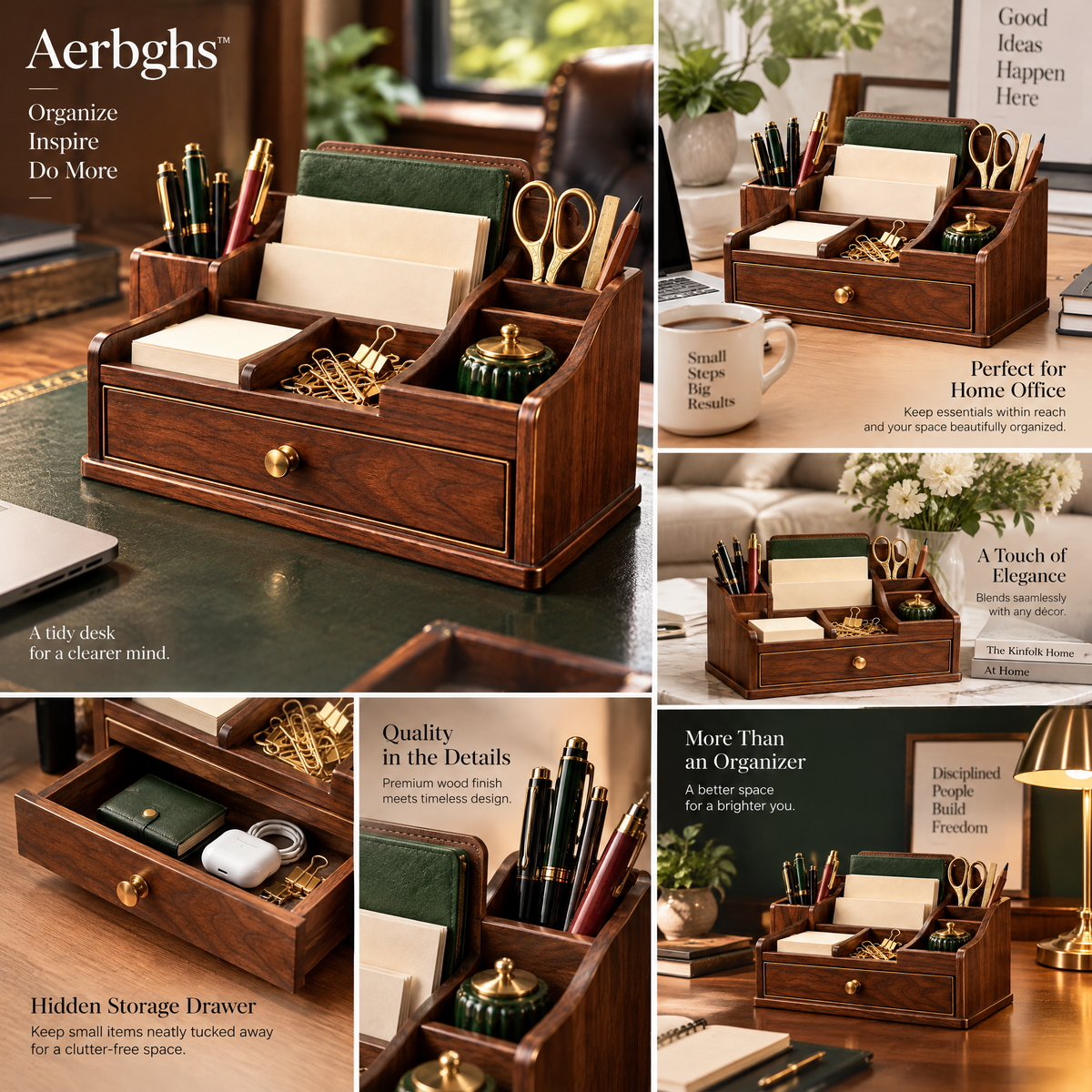 Aerbghs™ Multi-Compartment Walnut Desktop Organizer with Drawer