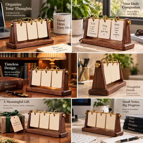 Aerbghs™ Wooden Perpetual Desk Calendar Stand with Brass Rings