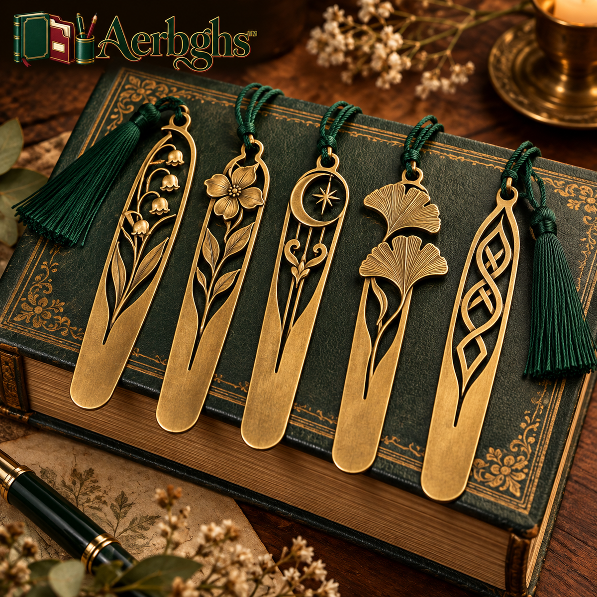 Aerbghs™ Antique Brass Botanical Bookmark Set with Tassels