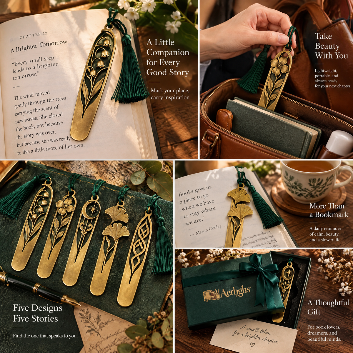 Aerbghs™ Antique Brass Botanical Bookmark Set with Tassels