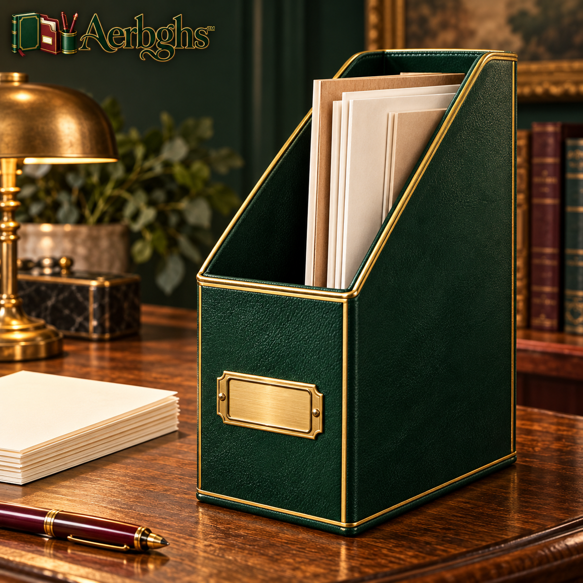 Aerbghs™ Leather-Look Magazine File Holder with Brass Label Frame
