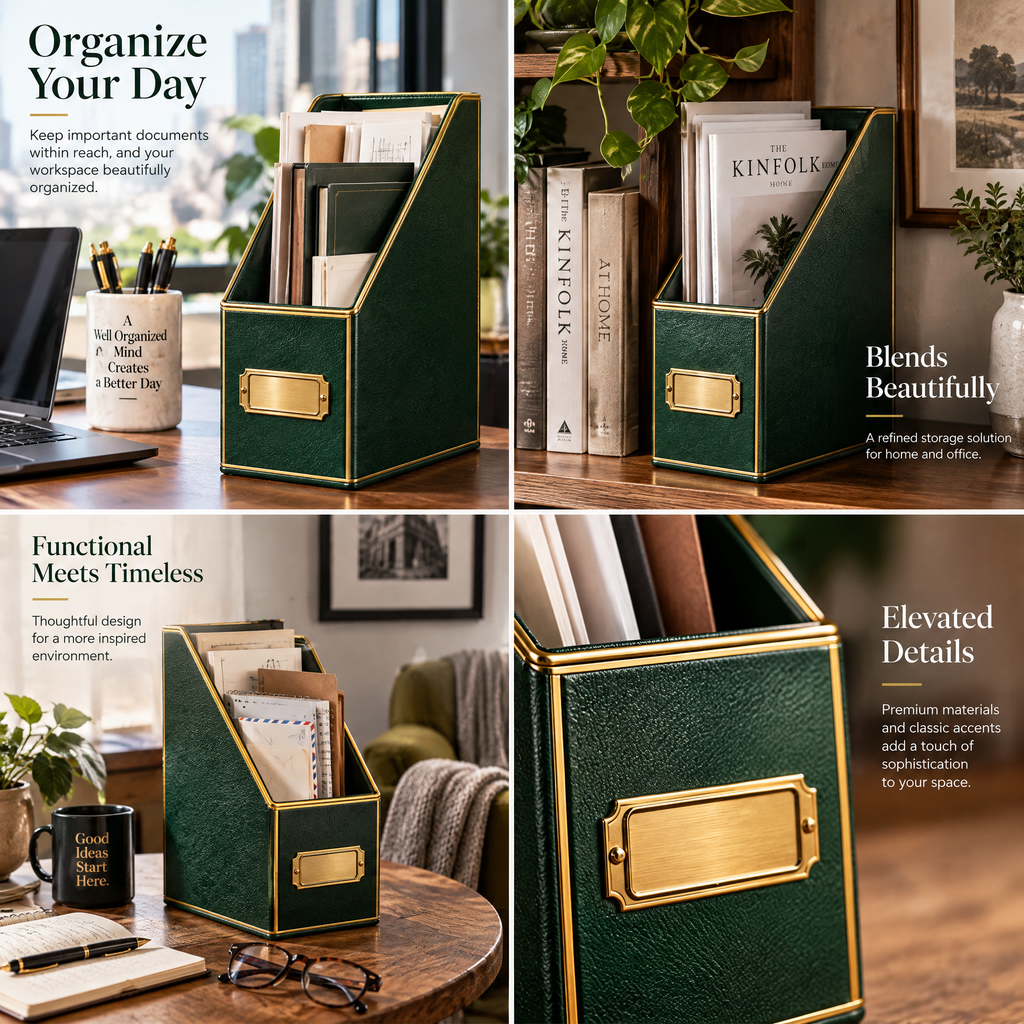 Aerbghs™ Leather-Look Magazine File Holder with Brass Label Frame