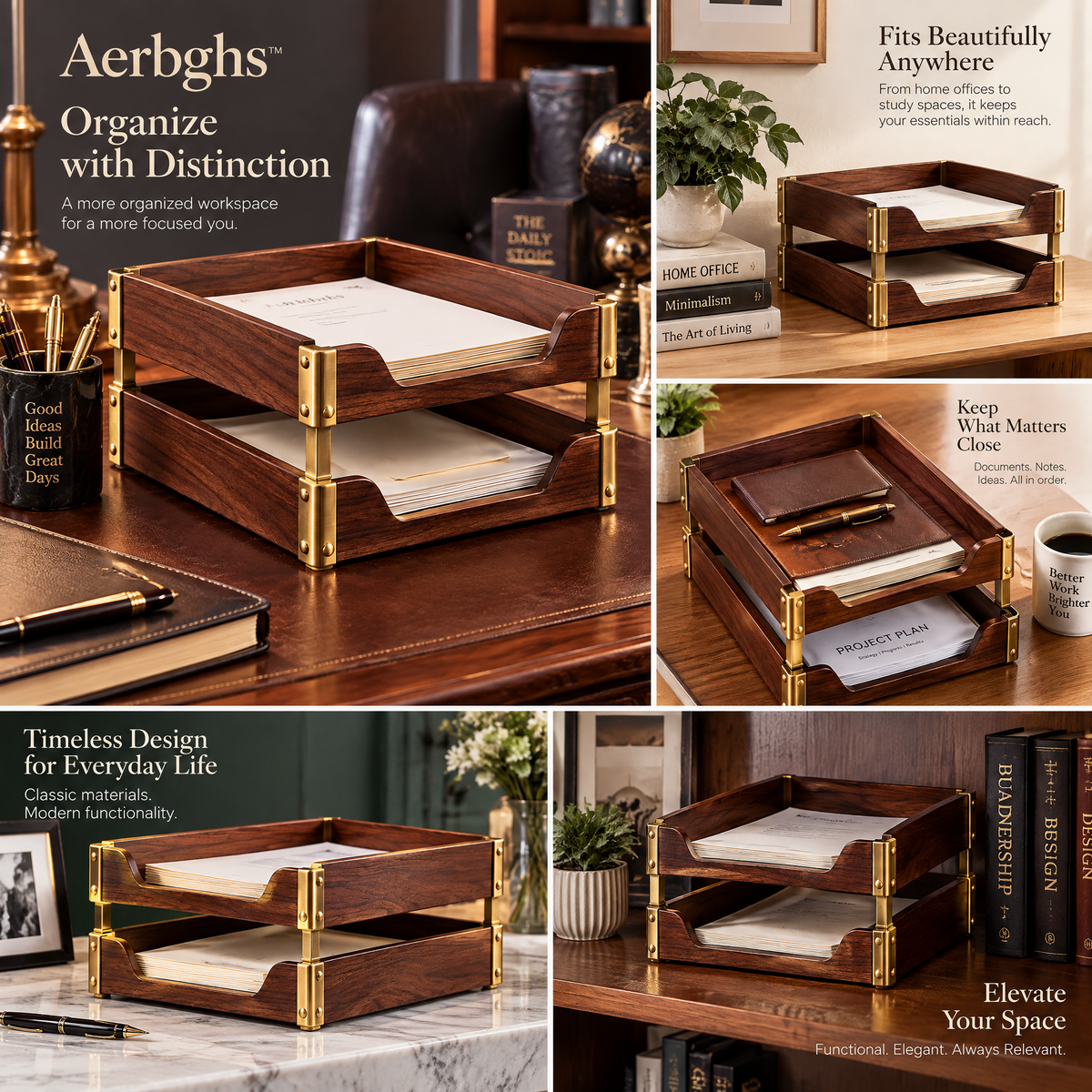 Aerbghs™ Two-Tier Walnut Letter Tray for Desktop Paper Organization